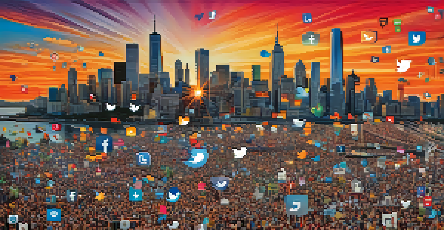 A digital collage featuring social media icons and hashtags for youth activism, with a sunset city skyline in the background.