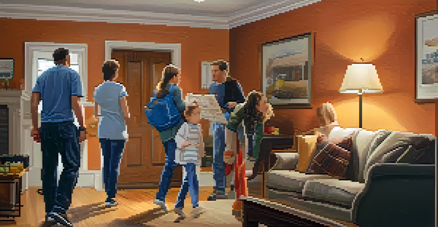 A family participating in a disaster drill, practicing evacuation procedures in their living room.