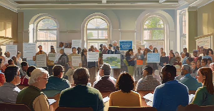 A diverse group of citizens gathered in a town hall meeting, discussing local issues with passion and determination.