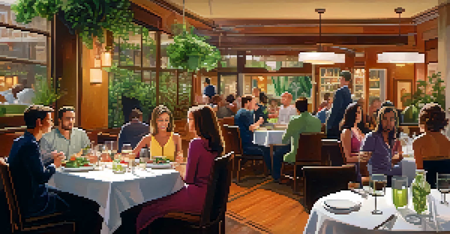 A cozy dining scene in a Los Angeles restaurant with friends sharing healthy dishes at a table.