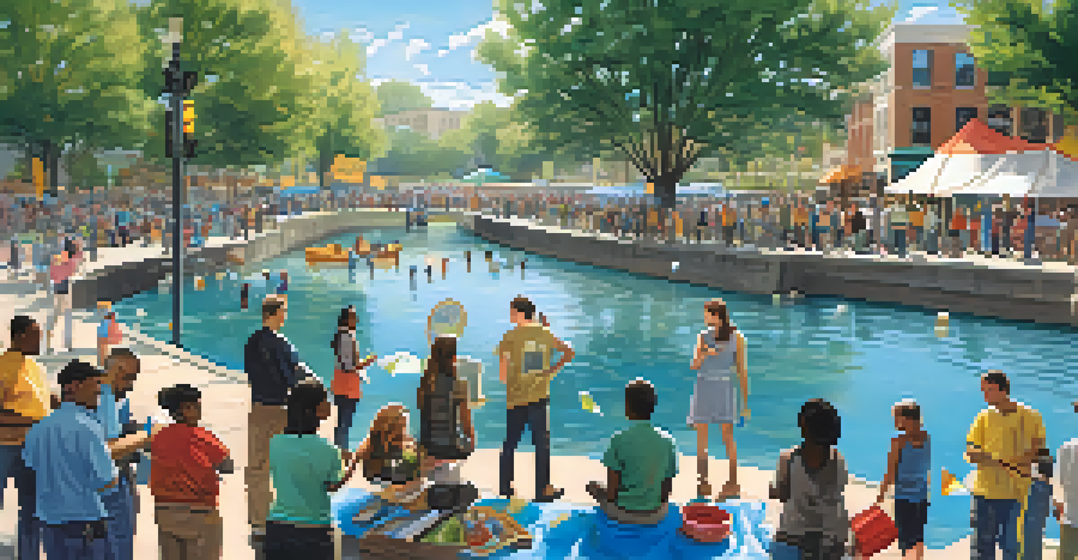 A vibrant community event in a public square, with residents of various backgrounds participating in water conservation workshops and activities.