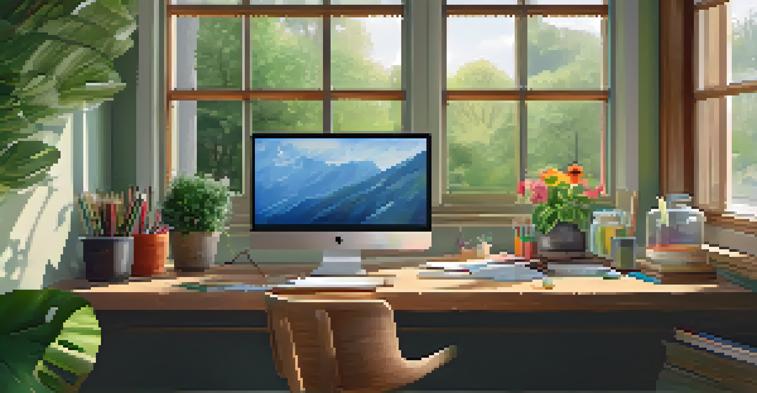 A bright artist's workspace with a laptop and art supplies on a wooden desk, illuminated by sunlight from a nearby window.