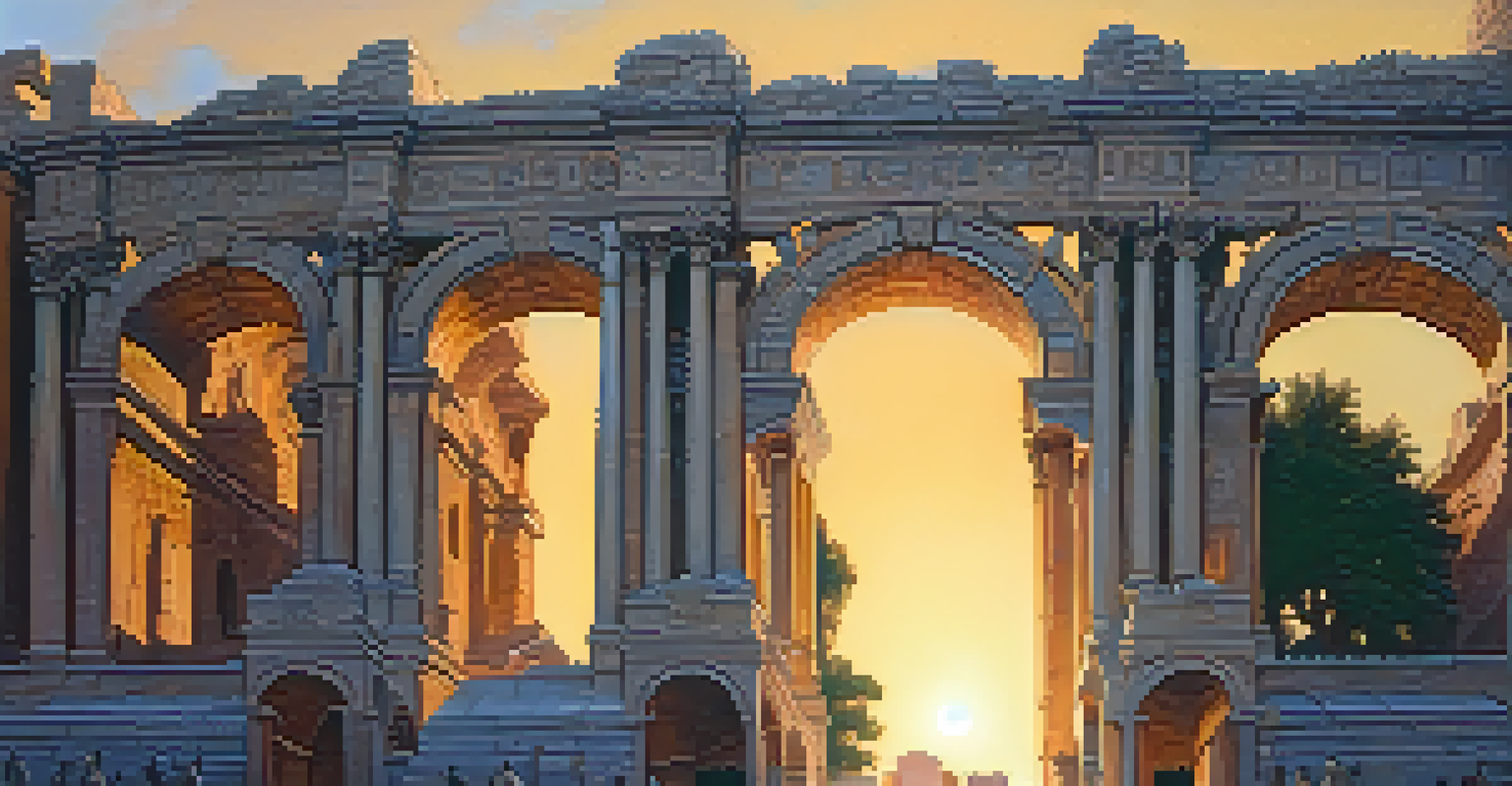 A detailed close-up of the Los Angeles Memorial Coliseum's architecture, capturing the arches and Olympic rings in warm sunset light.