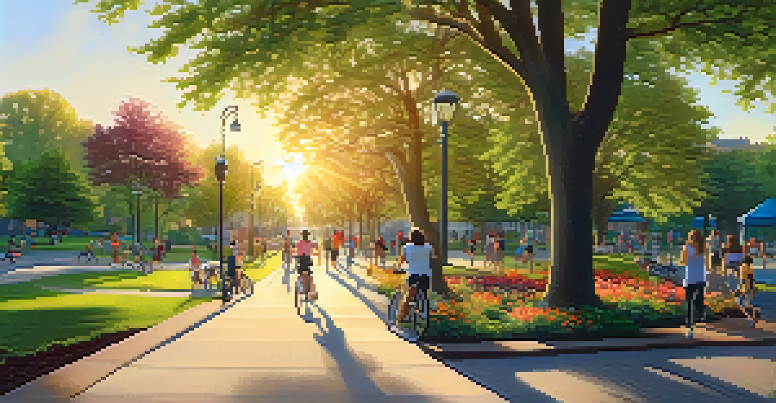 A city park with walking paths, people exercising, and children playing, surrounded by greenery.