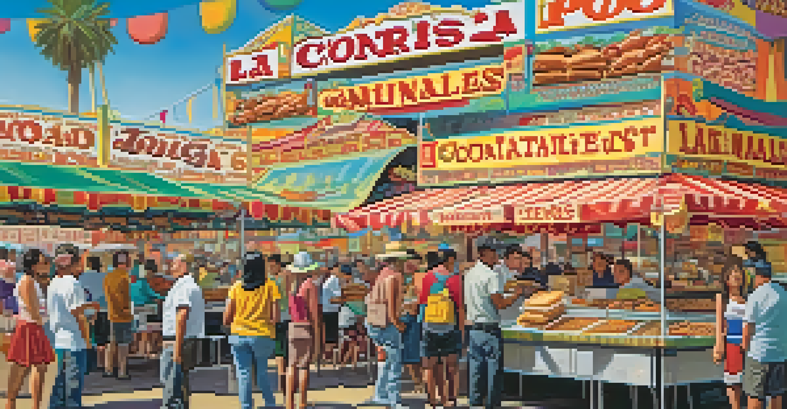 A vibrant display of diverse food offerings at the LA County Fair, showcasing various dishes like corn dogs, tamales, and pho, with visitors sampling the food.
