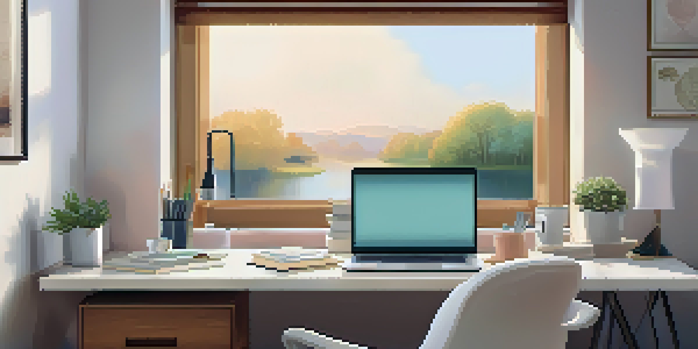 A peaceful home office with a laptop and family photos on a desk, illuminated by natural light from a window.