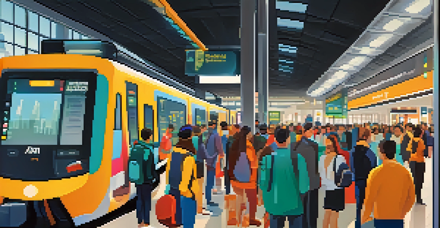 A close-up of a smart ticketing system at a train station with contactless payment, showing a user tapping their smartphone.