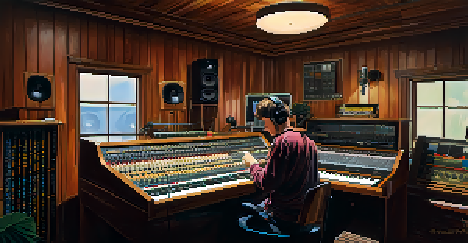 A young artist in a recording studio in Los Angeles, adjusting a microphone with a producer working on a mixing console.