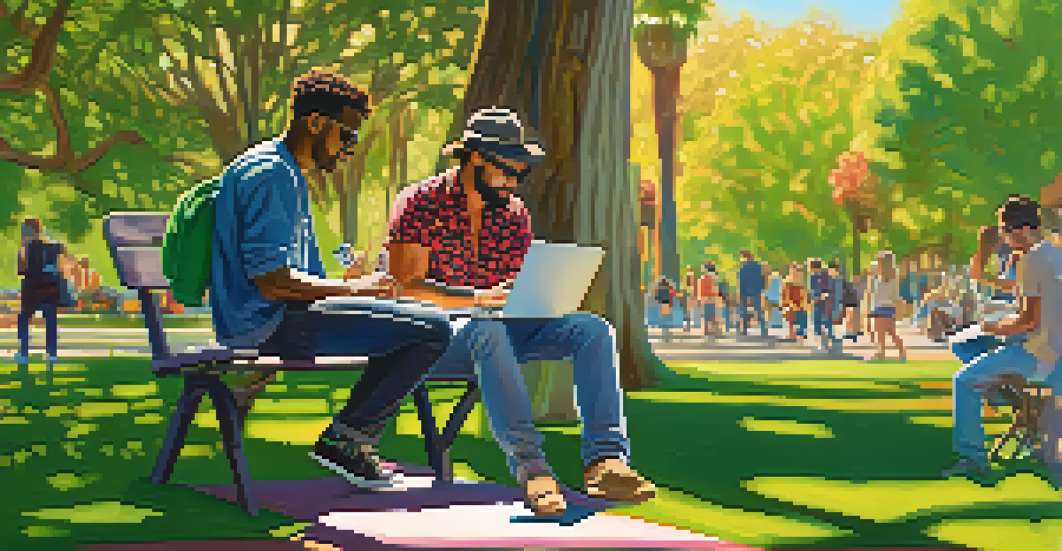 Two musicians collaborating over a laptop in a sunny park in Los Angeles.