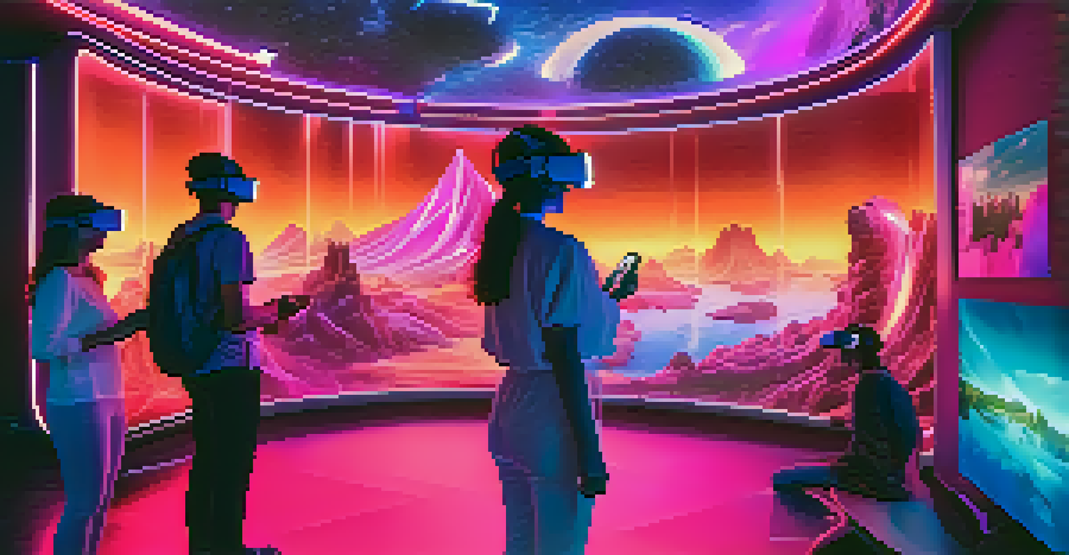 A group of viewers wearing VR headsets immersed in a colorful 3D animated landscape, showcasing a sense of adventure.