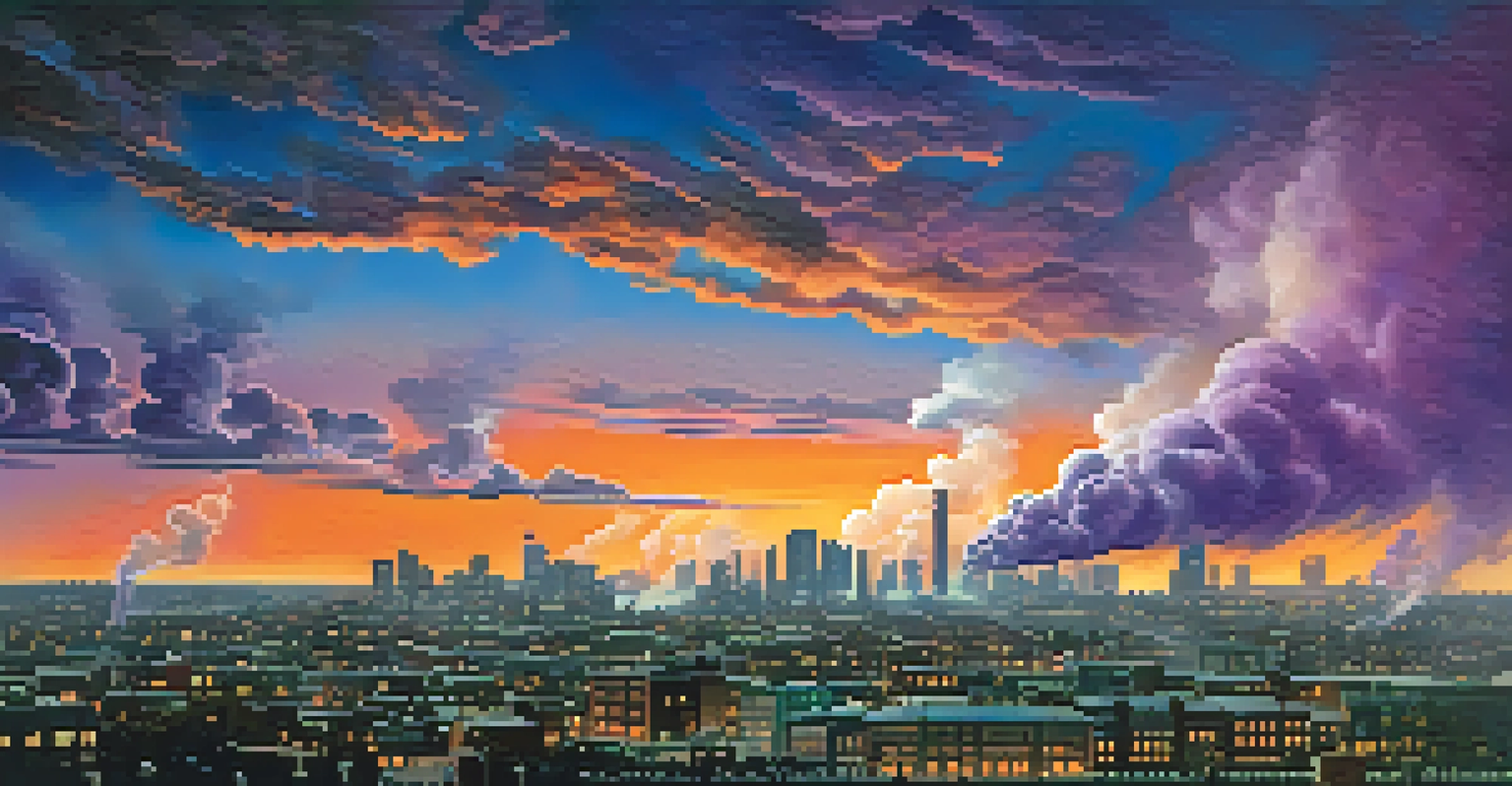 Colorful swirling clouds representing air pollutants over a city skyline during sunset, with dark building silhouettes against an orange and purple sky.
