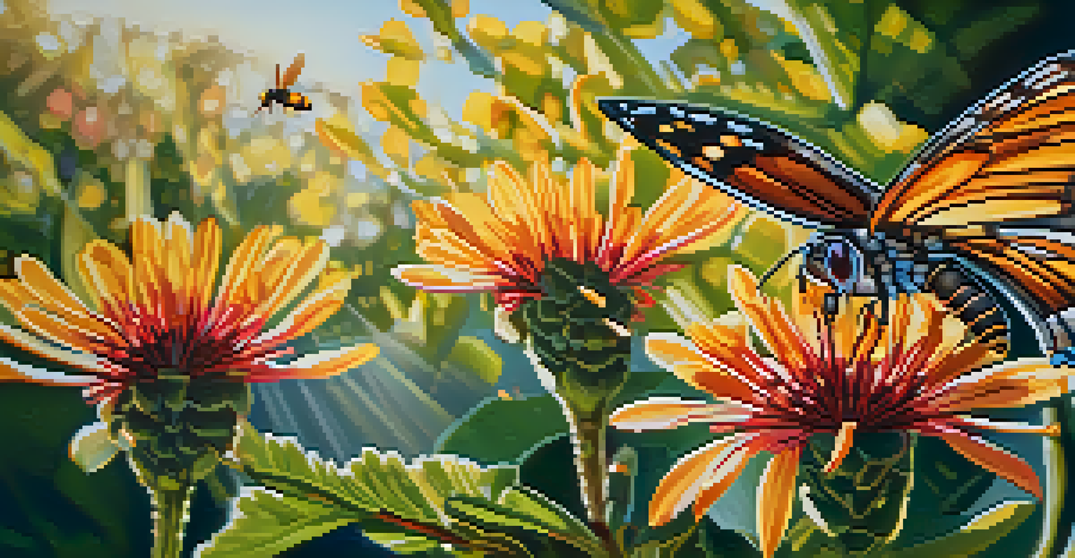 A close-up of a colorful native flower with bees and butterflies in a softly lit garden.