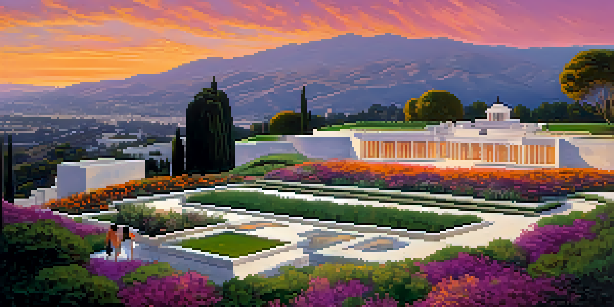 A sunset view of The Getty Center on a hilltop, surrounded by gardens and with Los Angeles in the background.