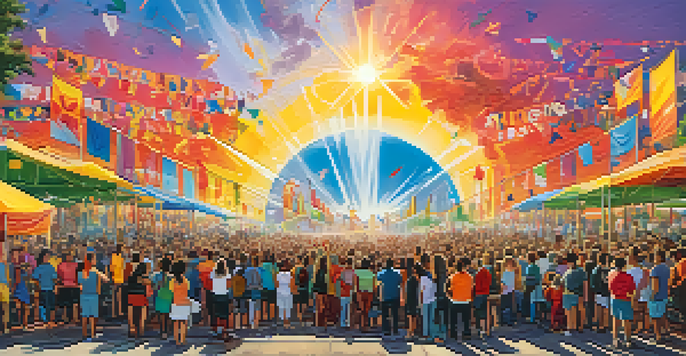 An outdoor art collective event with diverse artists collaborating on murals, vibrant colors, and people engaging in creative discussions under a golden sunset.
