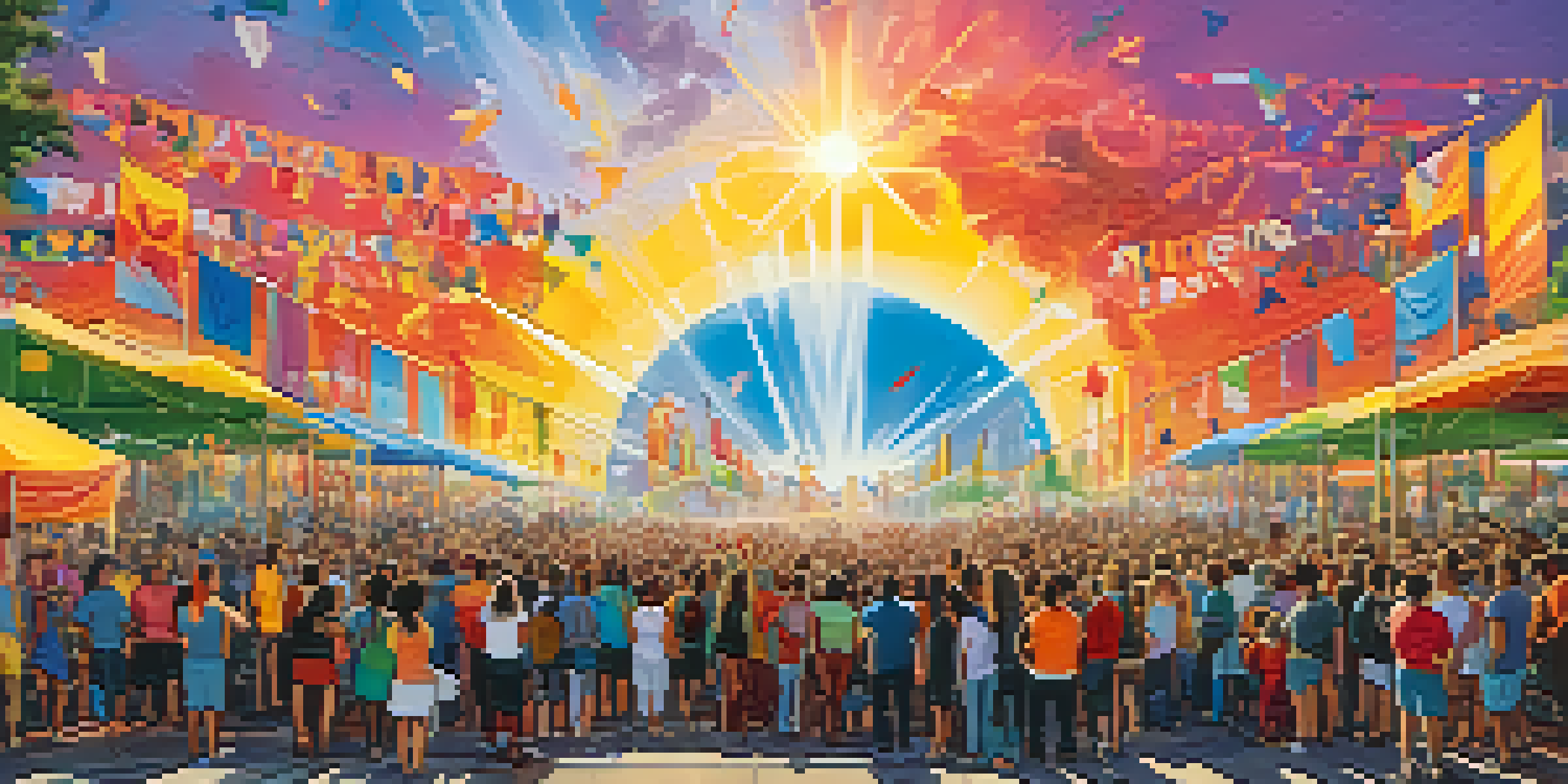 An outdoor art collective event with diverse artists collaborating on murals, vibrant colors, and people engaging in creative discussions under a golden sunset.