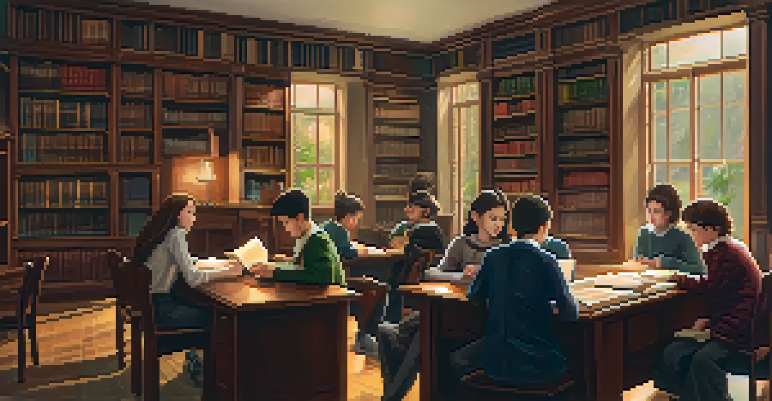 A small group of students in a cozy library discussing a book, surrounded by bookshelves and warm lighting.