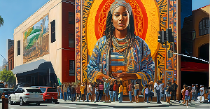 A colorful mural in downtown Los Angeles depicting cultural symbols, with artists painting in the sunlight and people admiring the art.
