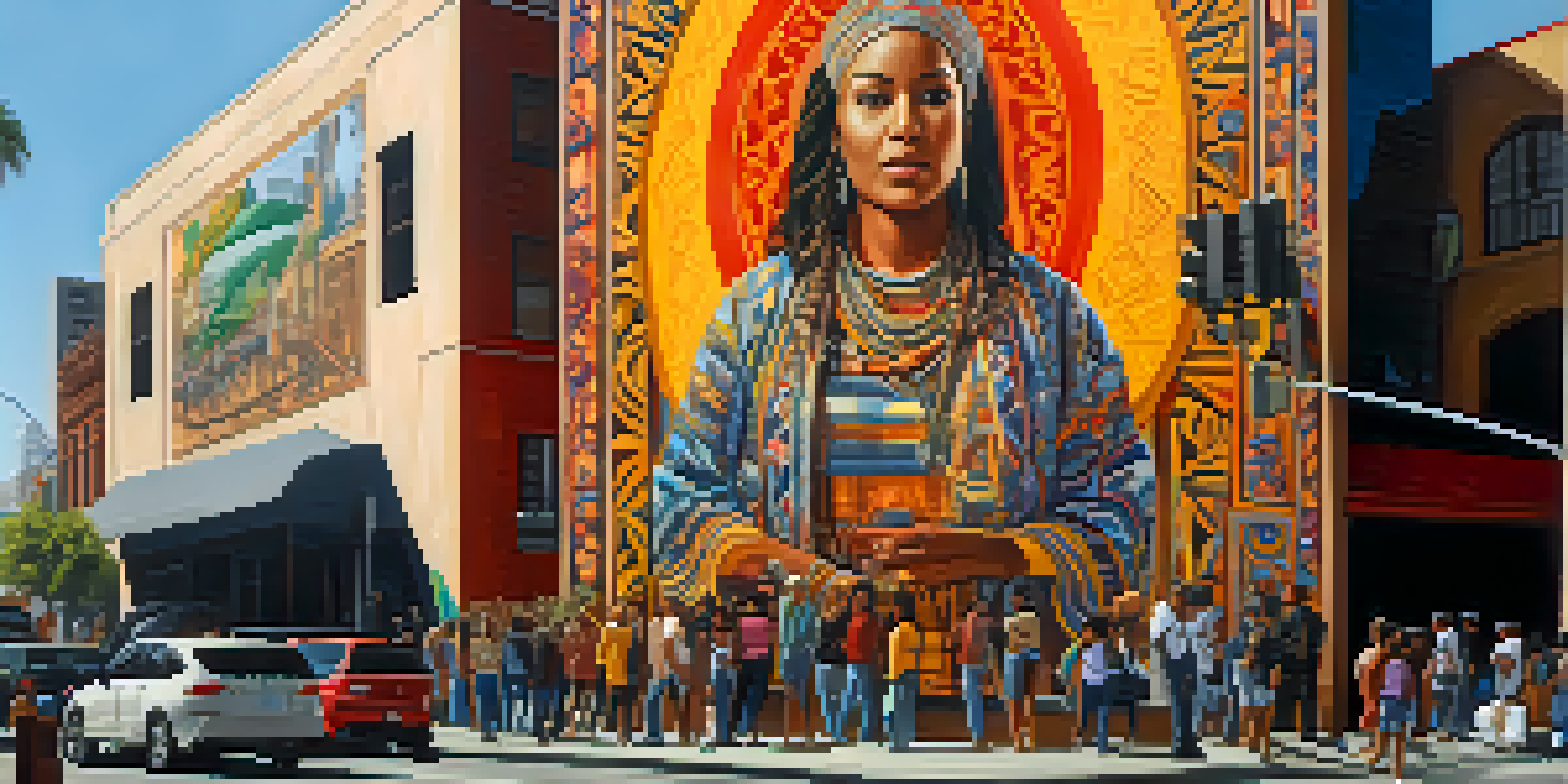 A colorful mural in downtown Los Angeles depicting cultural symbols, with artists painting in the sunlight and people admiring the art.