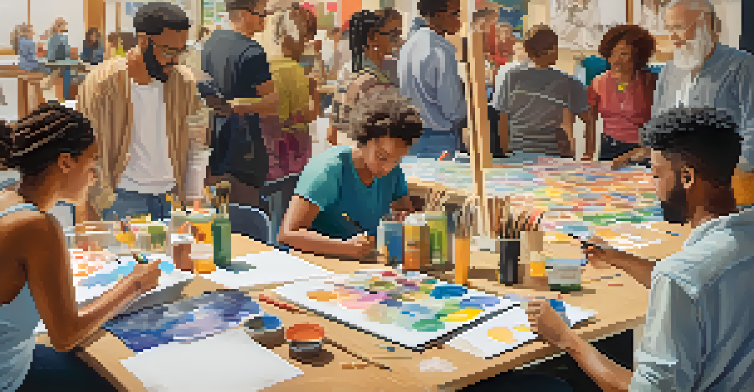 A community workshop scene with diverse residents collaborating on an interactive art installation, surrounded by art supplies and sketches, in a bright and inviting environment.