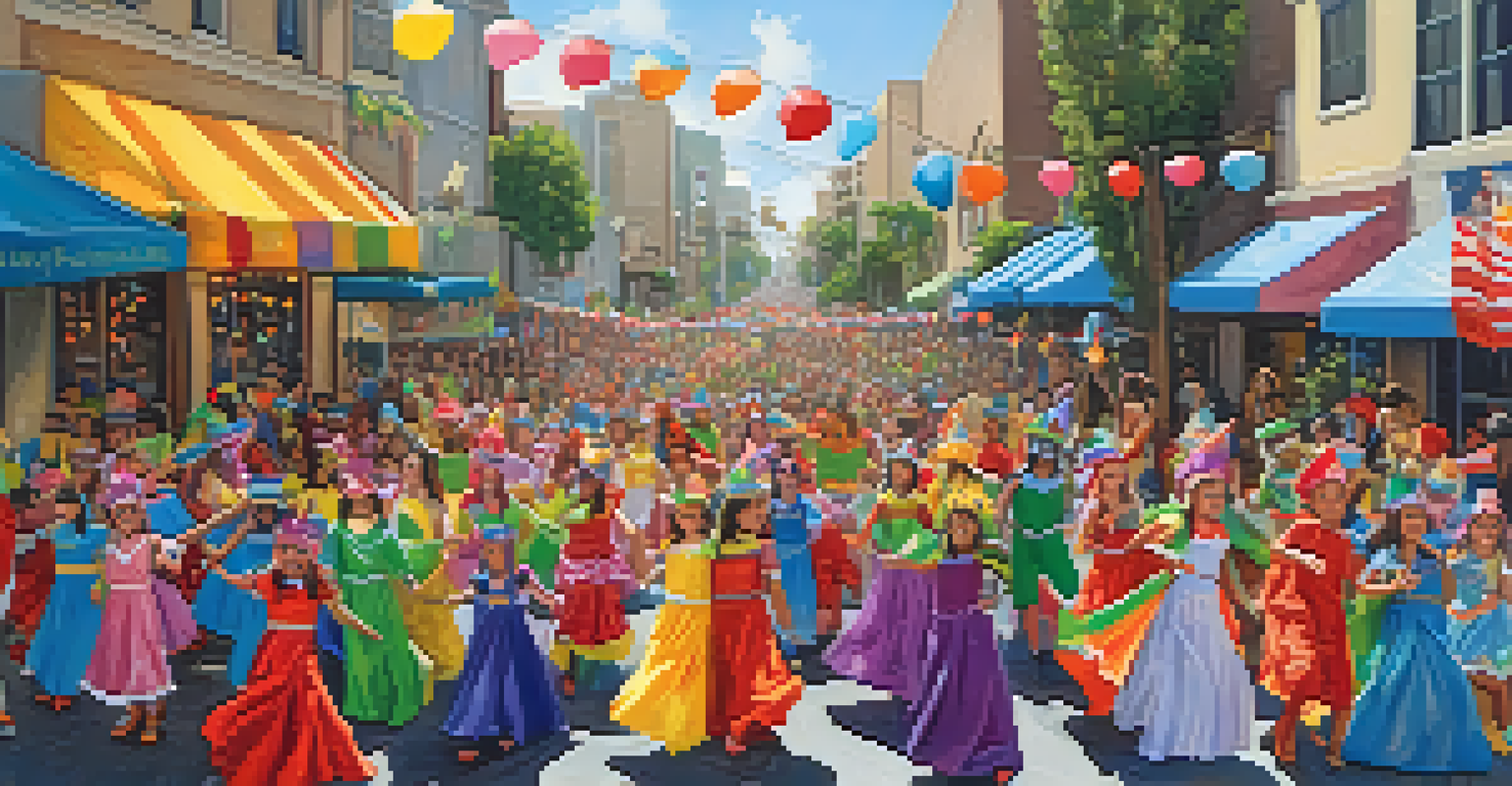 A lively street parade for Purim in Los Angeles, with participants in costumes, vibrant decorations, and children enjoying pastries.