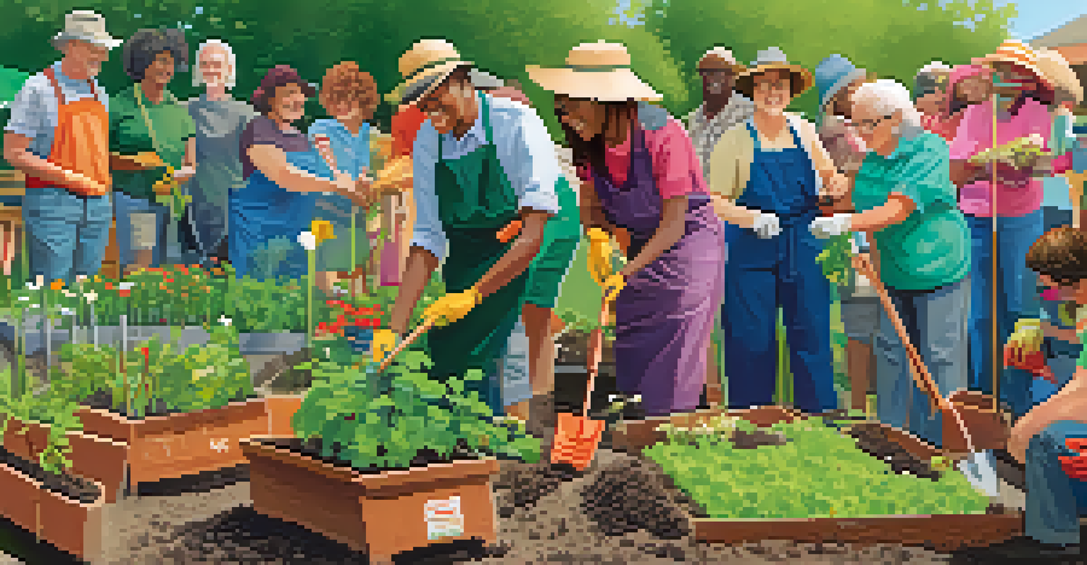 A diverse group of people participating in a community gardening event, planting seeds together in a vibrant outdoor garden.