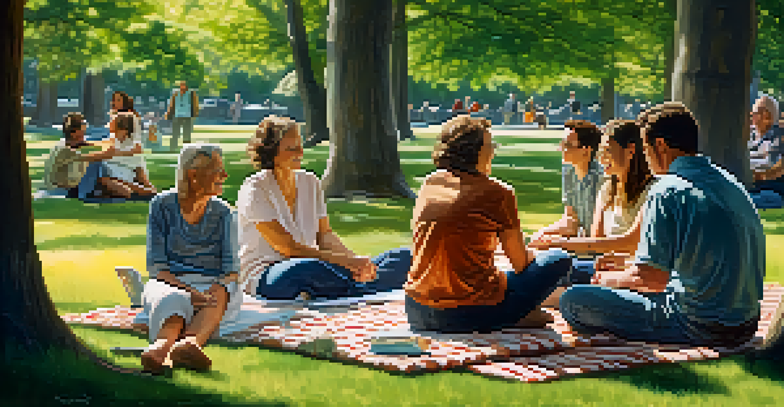 An outdoor support group meeting in a park with individuals from diverse backgrounds sitting in a circle, enjoying a sunny day.