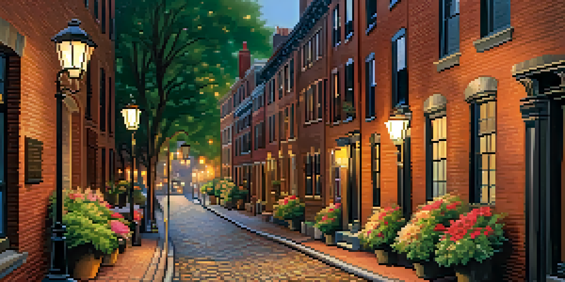 A couple walking through the charming cobblestone streets of Beacon Hill, surrounded by historic brownstones and glowing gas lamps at dusk.