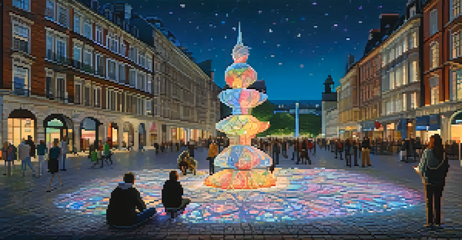 A city square at night with illuminated sculptures casting colorful lights on the cobblestone pavement, and people admiring the artwork under a starlit sky.