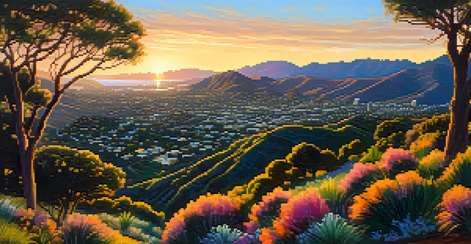 A scenic sunset view of the Santa Monica Mountains with urban elements, highlighting the contrast between nature and development.