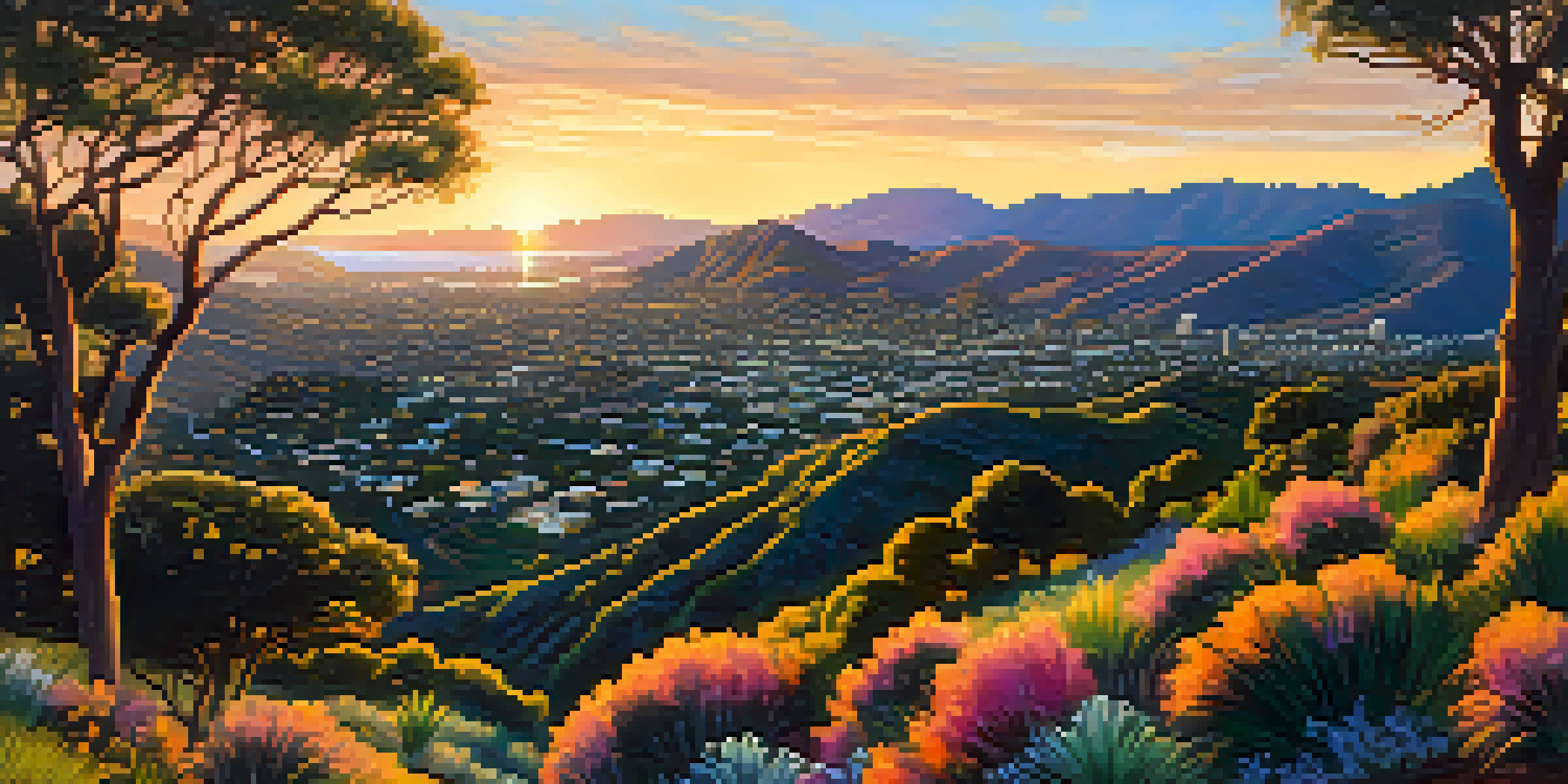 A scenic sunset view of the Santa Monica Mountains with urban elements, highlighting the contrast between nature and development.