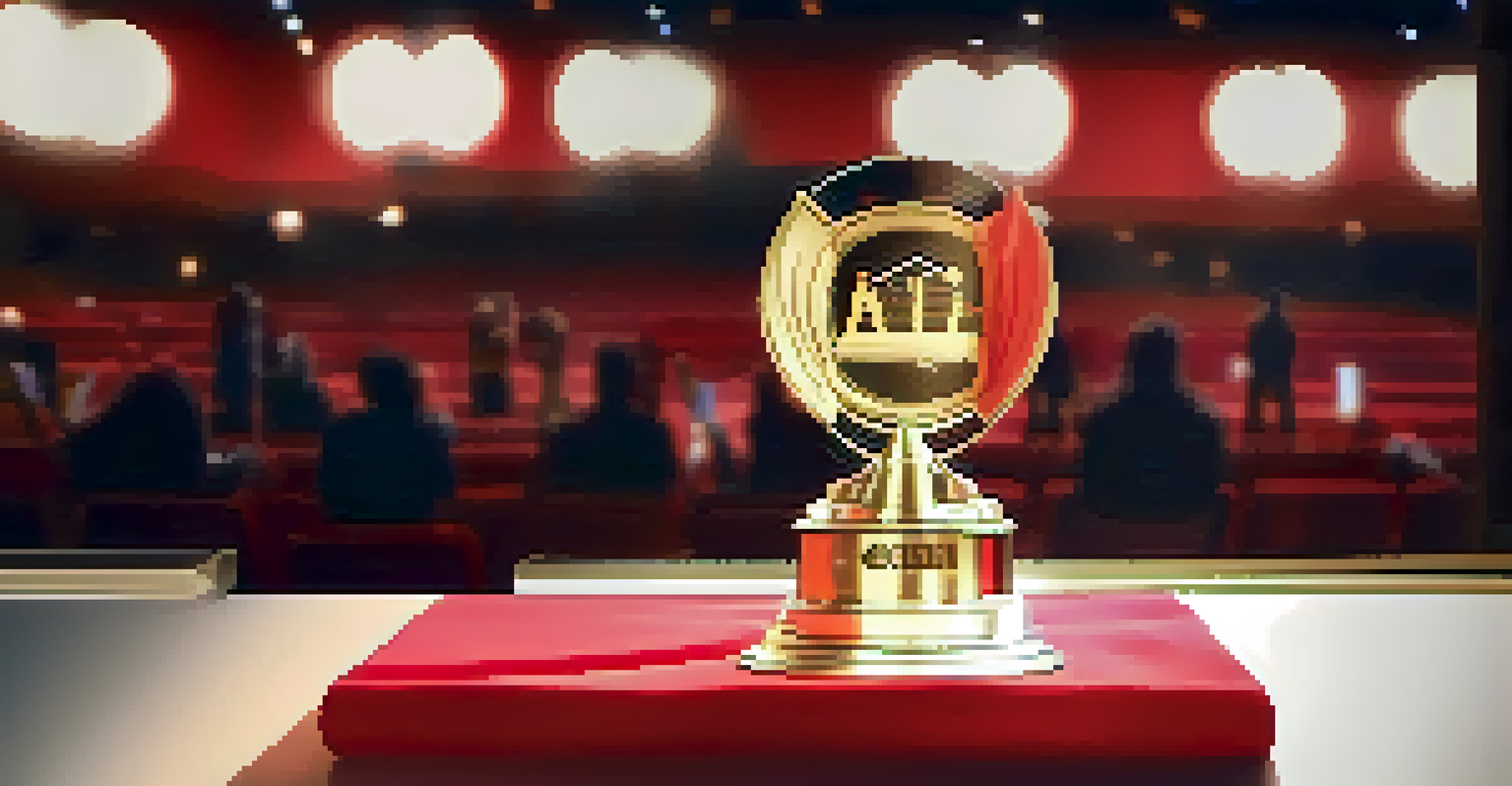 A close-up of a gleaming film festival award trophy on a table with film reels, set against a blurred celebration backdrop.