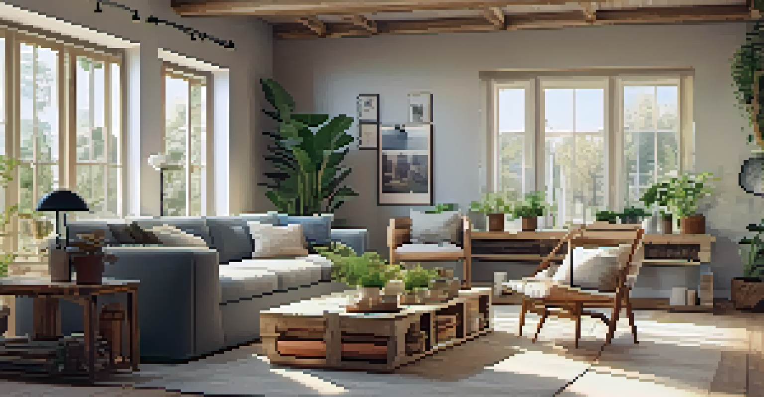 A stylish living room showcasing sustainable home decor, including reclaimed furniture and plants, illuminated by natural light.