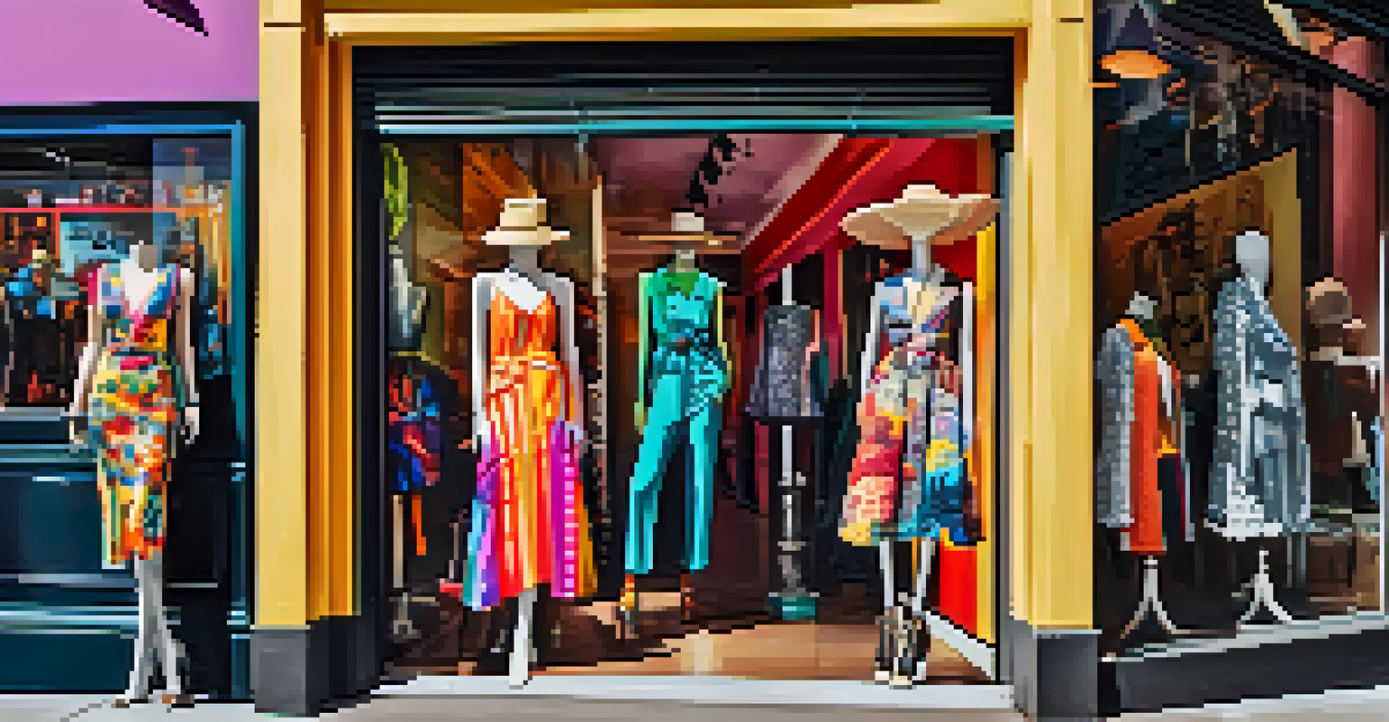 A close-up of a trendy boutique on Melrose Avenue showcasing vintage and modern fashion with colorful outfits and street art.