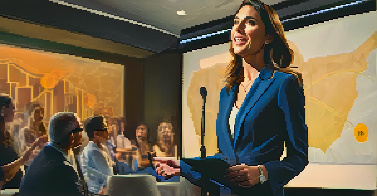A female entrepreneur presenting her startup idea at a networking event, with an engaged audience and a focused light on her.