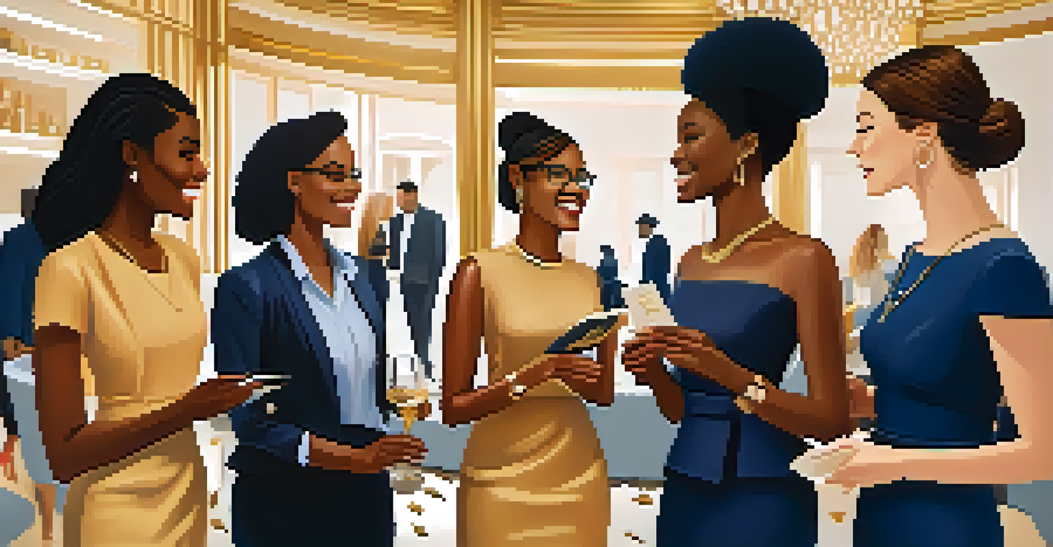 A diverse group of women networking at an elegant event, engaged in conversation and exchanging ideas in a warmly lit venue.
