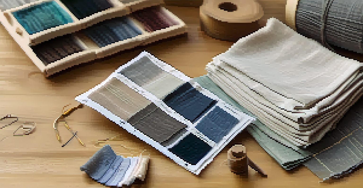A close-up of fabric swatches made from sustainable materials like organic cotton and Tencel on a wooden table, with sewing tools and a notebook in the background.