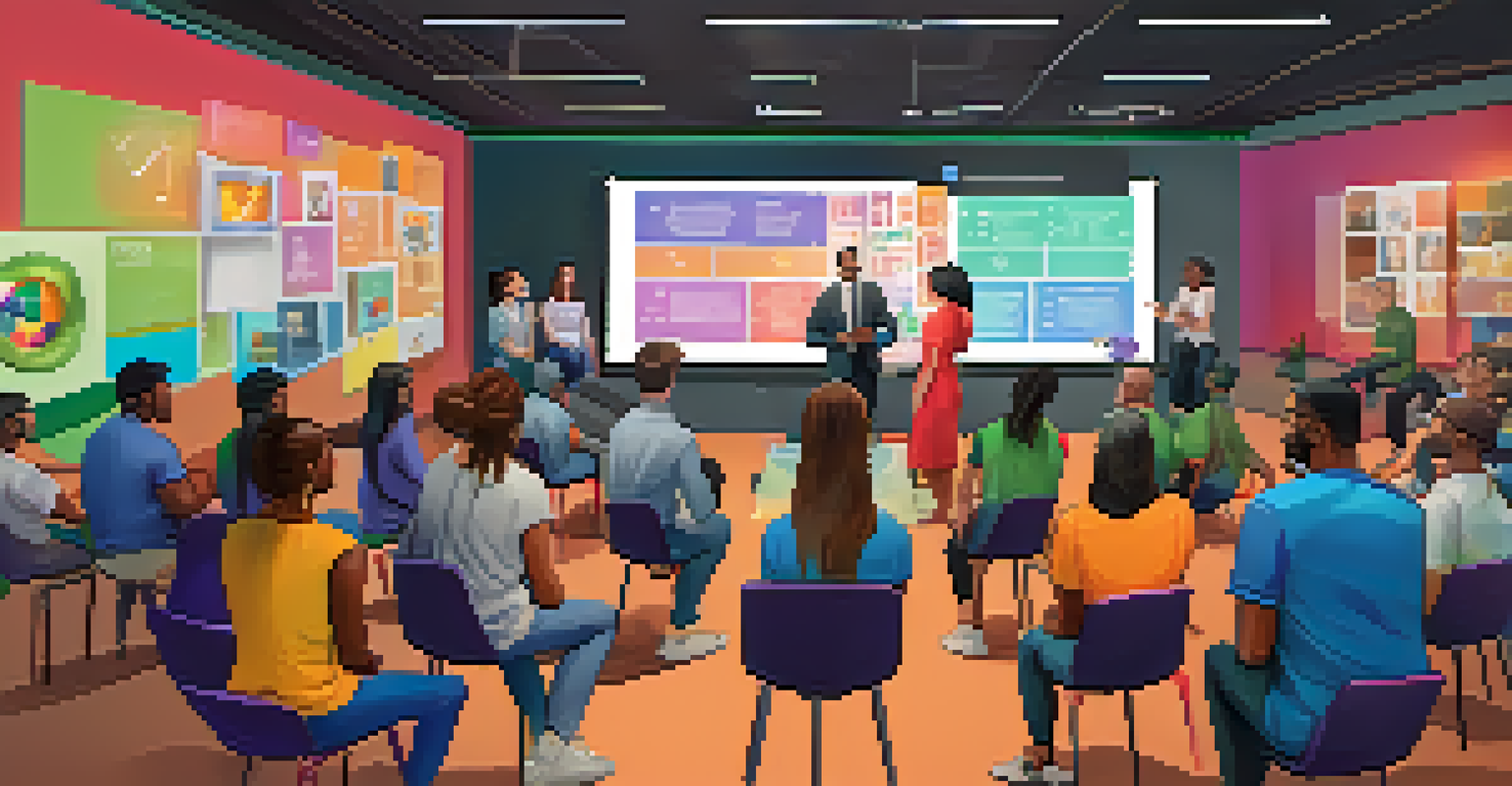 A diverse group of individuals participating in a community workshop on blockchain technology, with a facilitator presenting information on a large screen.