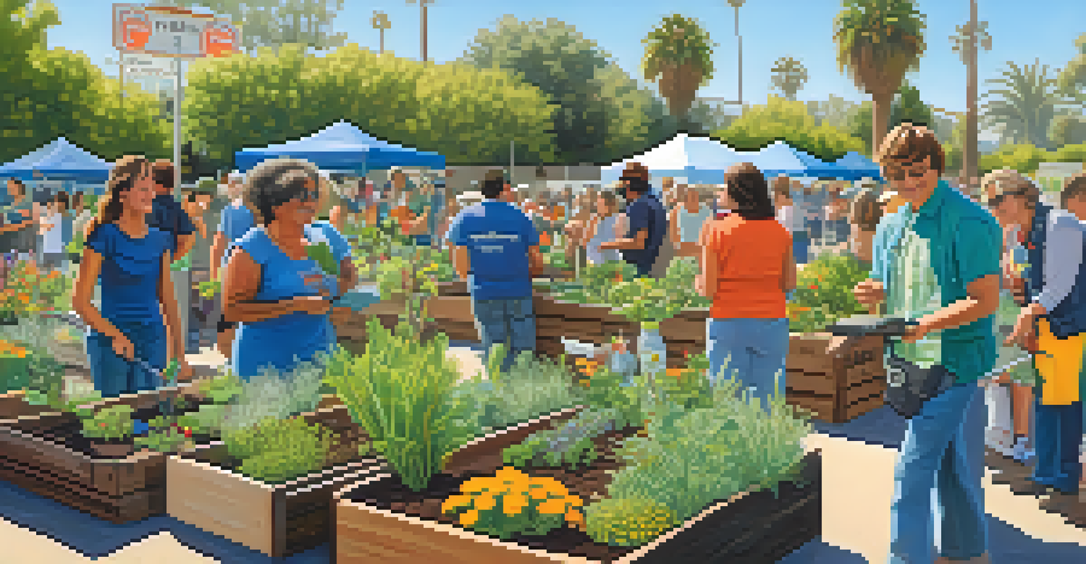 A community gardening event with residents planting native plants, featuring raised beds and informational signs about native gardening.