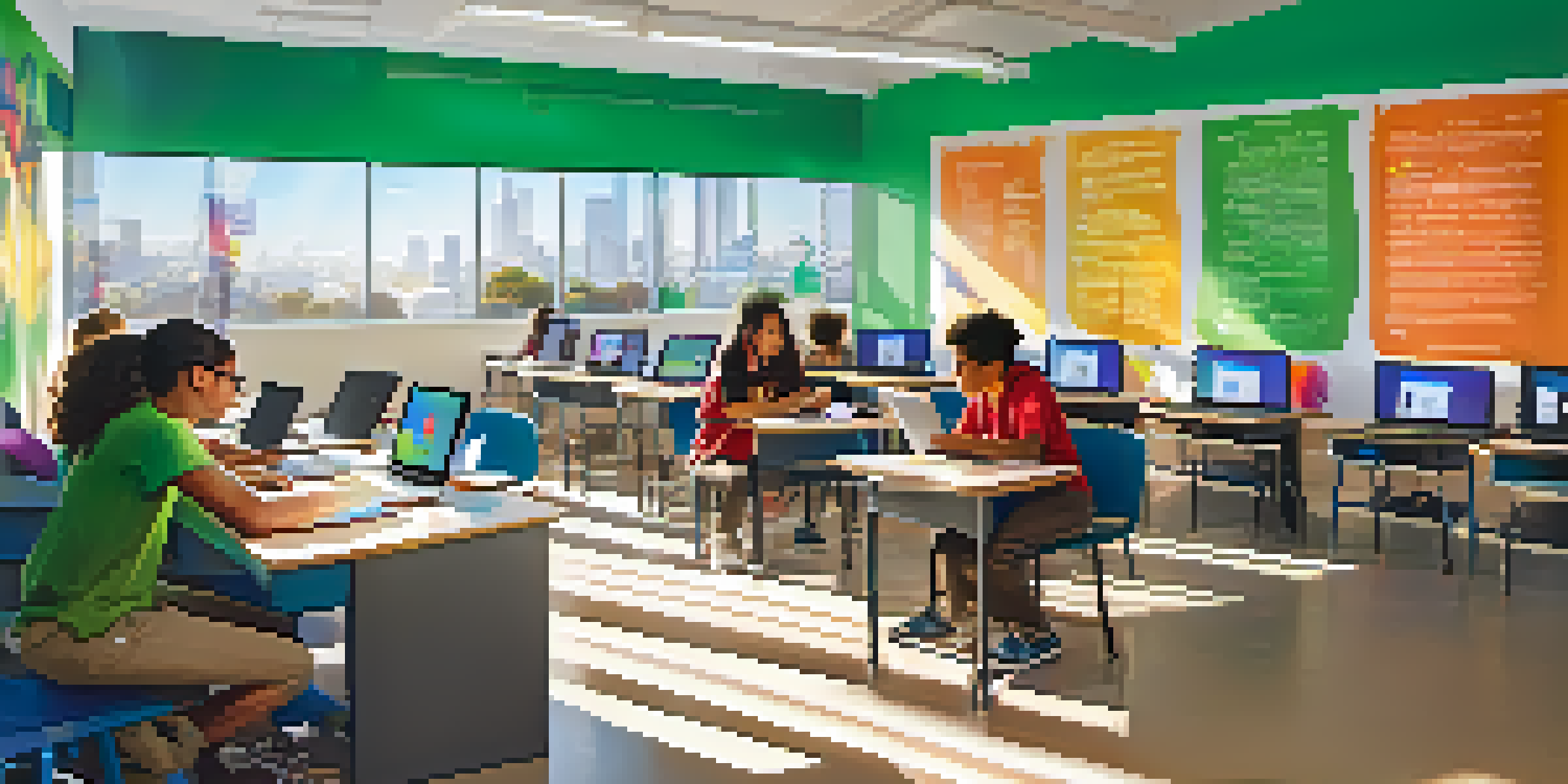 A diverse group of students in a bright classroom engaged in tech education activities with laptops and coding screens.