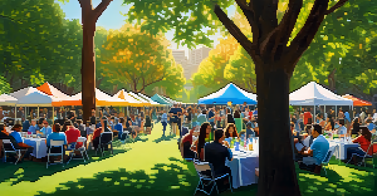 A sunny park scene with diverse tech boot camp graduates networking and discussing opportunities, surrounded by colorful banners.