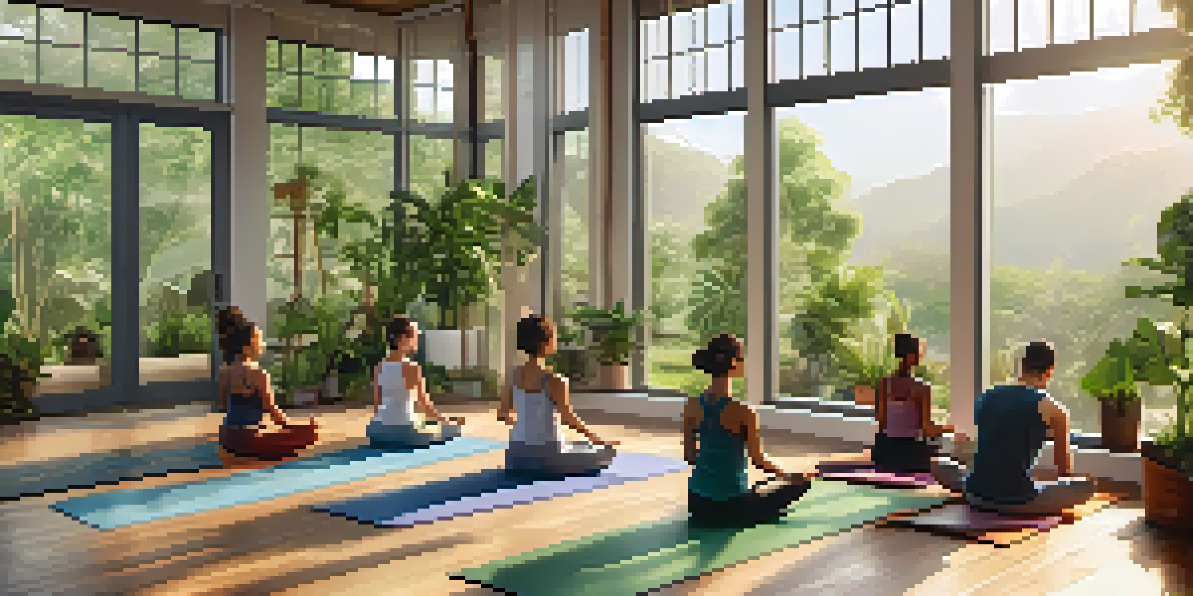 A peaceful yoga studio with diverse individuals practicing yoga, surrounded by greenery and natural light.
