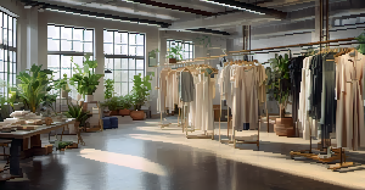 A fashion studio with designers working on sustainable textiles under warm natural light.