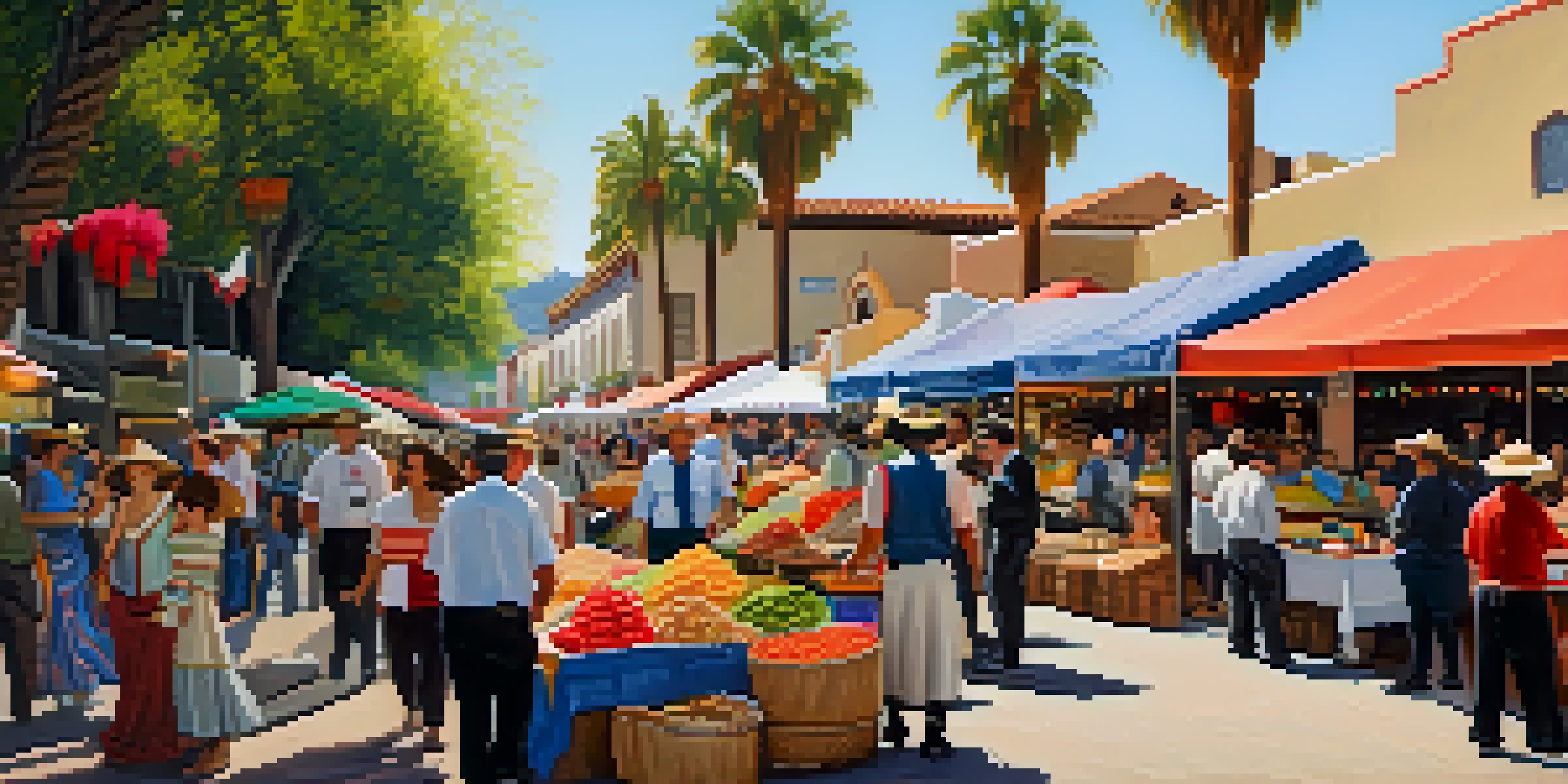 A lively marketplace at Olvera Street with colorful stalls, musicians, and the historic Avila Adobe in the background.