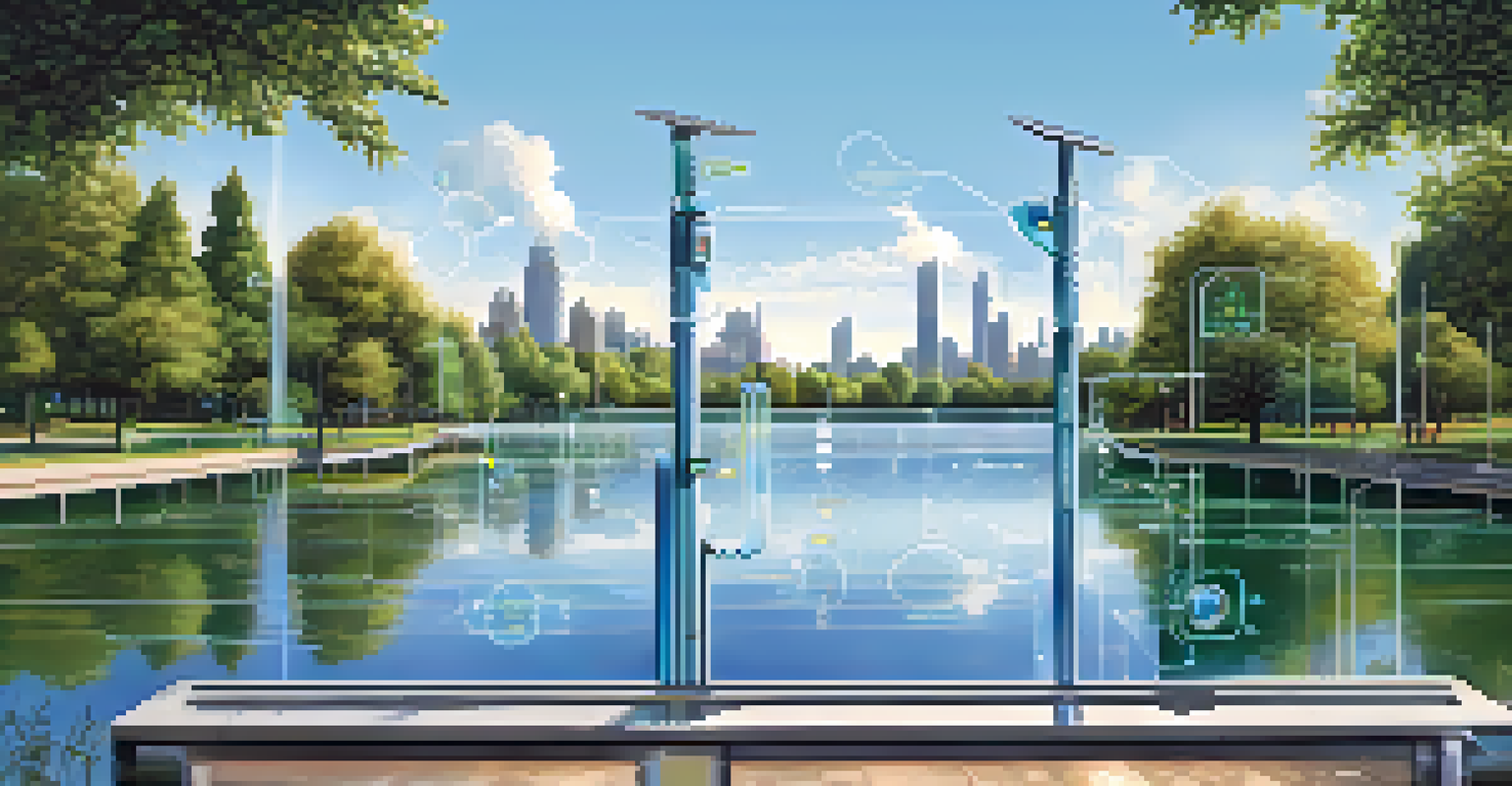 A detailed close-up of a smart water management system with sensors in a city park, overlooking a tranquil lake and trees.