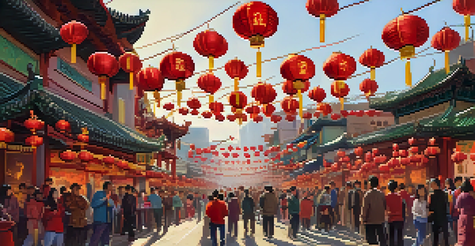 A lively Chinatown street during Chinese New Year, filled with colorful decorations and a lion dance performance, with a diverse crowd enjoying the celebrations.