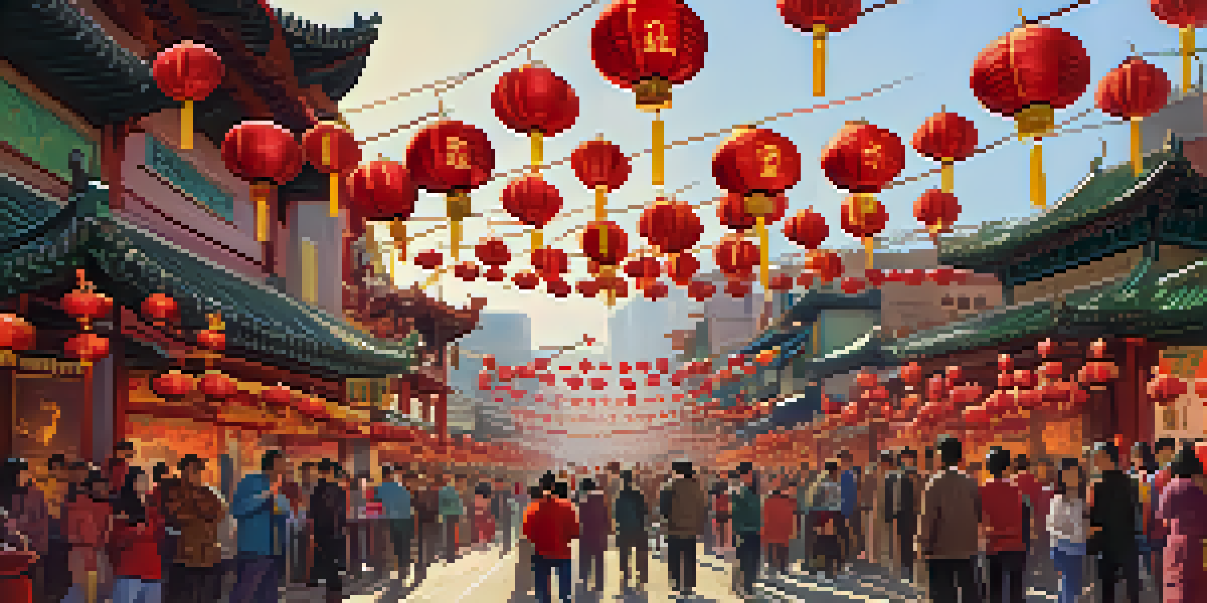 A lively Chinatown street during Chinese New Year, filled with colorful decorations and a lion dance performance, with a diverse crowd enjoying the celebrations.