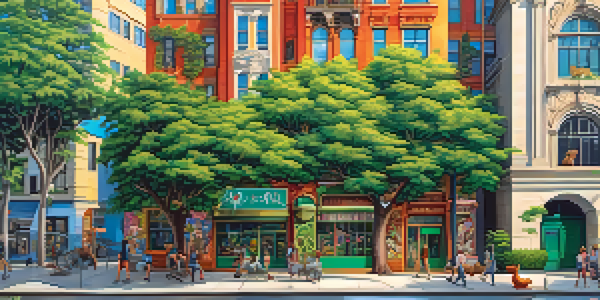 A colorful mural of a forest filled with animals, blending nature with a city skyline in bright sunlight.