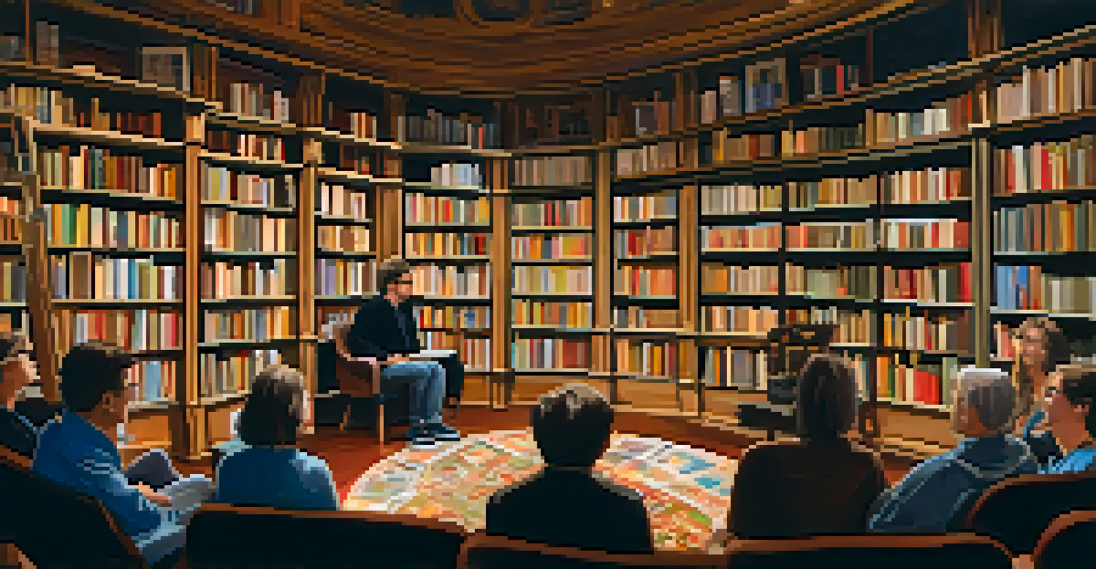 An author reading event in a cozy bookstore, with an engaged audience and warm lighting creating a welcoming atmosphere.