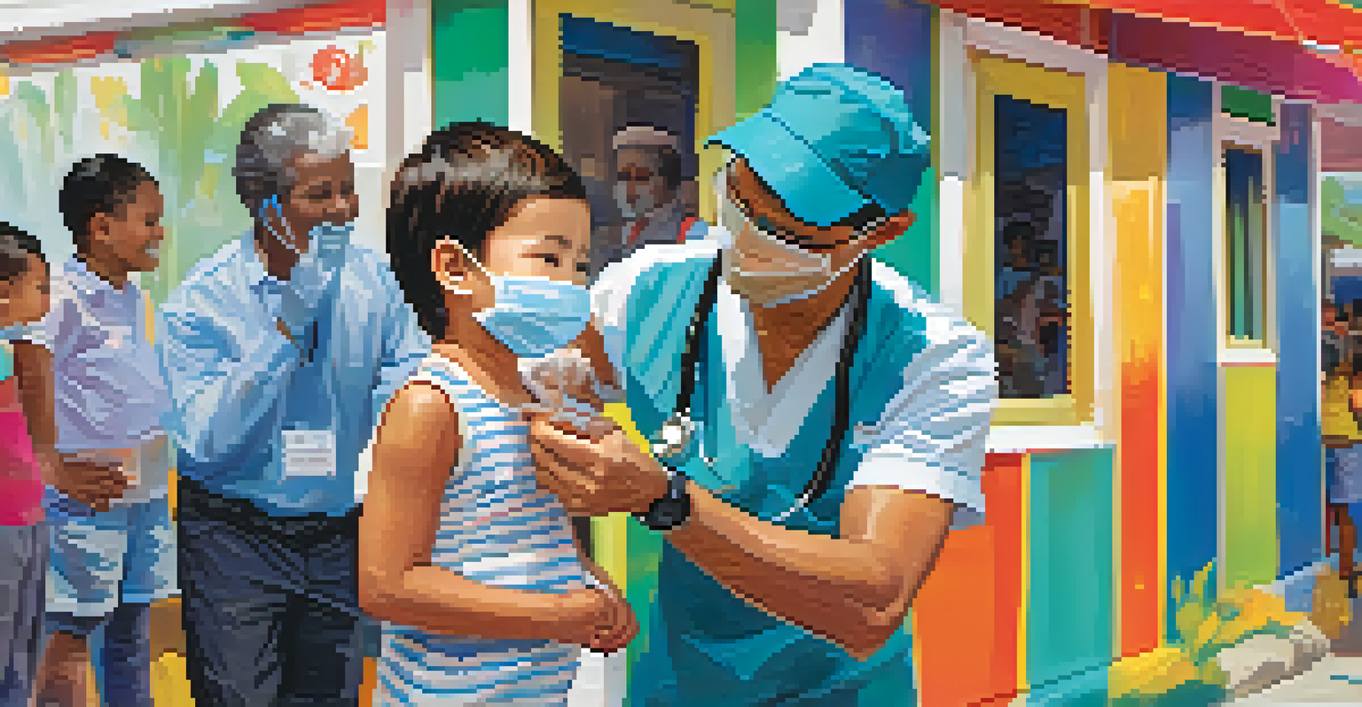 A healthcare worker giving a vaccination to a smiling child outside a mobile health clinic, with families and colorful banners in the background.