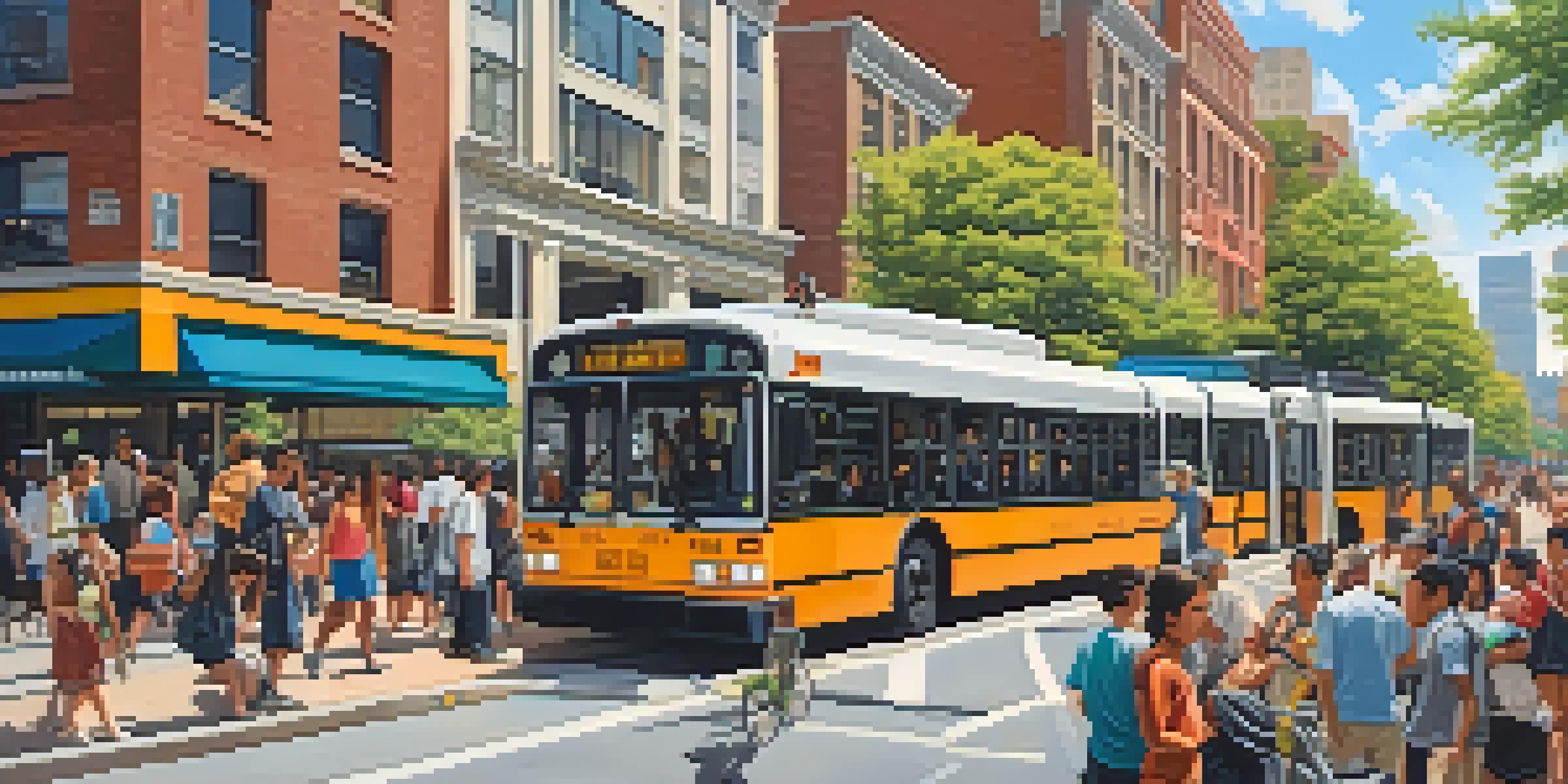 A diverse group of people using public transportation in a vibrant city, including buses and bicycles, with modern buildings and greenery.
